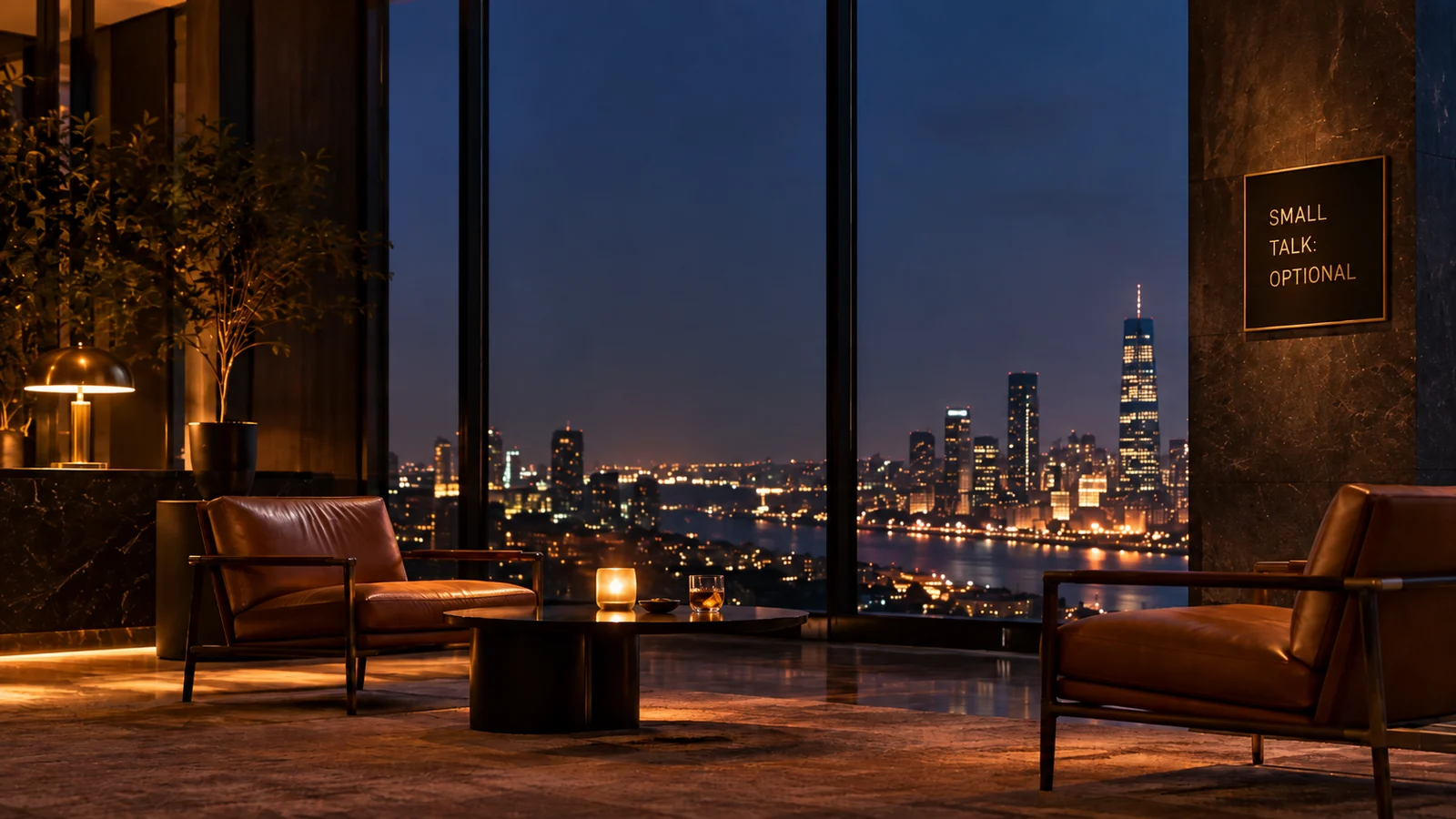 A quiet premium lounge at night